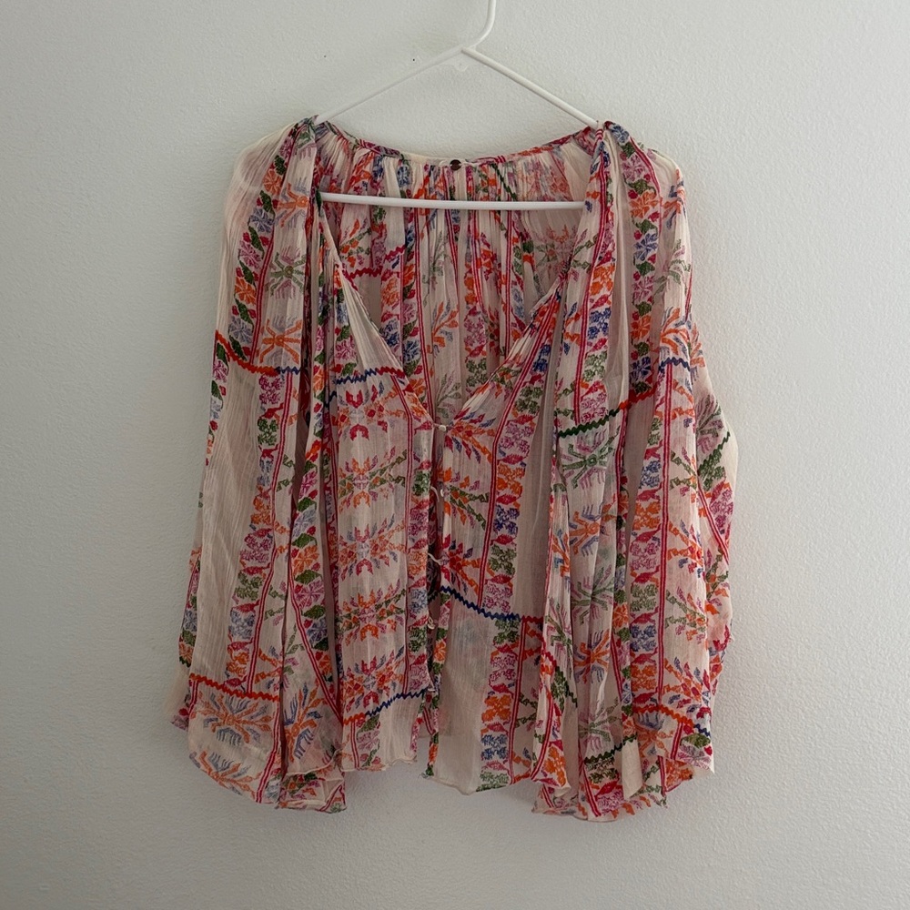 Free People Light Pink Embroidered Boho Long Sleeve Top